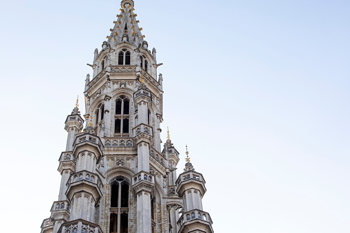 Hotel de Ville, Brussels: Elaborate 15th Century gothic building, viewed from Grand Place from a low angle.