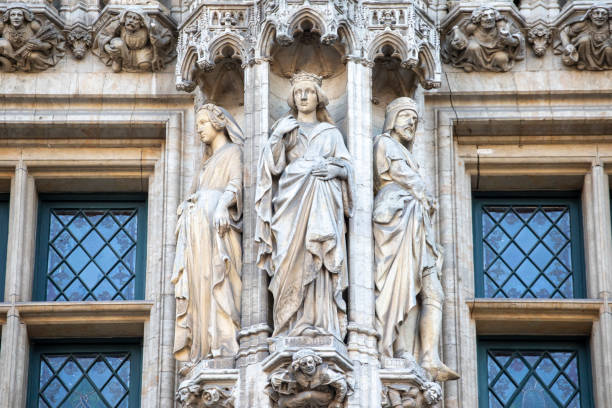 Close-up of Hotel de Ville, Brussels: Elaborate 15th Century gothic building, viewed from Grand Place.