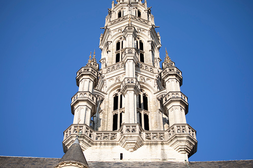 Hotel de Ville, Brussels: Elaborate 15th Century gothic building, viewed from the inner courtyard from a low angle.