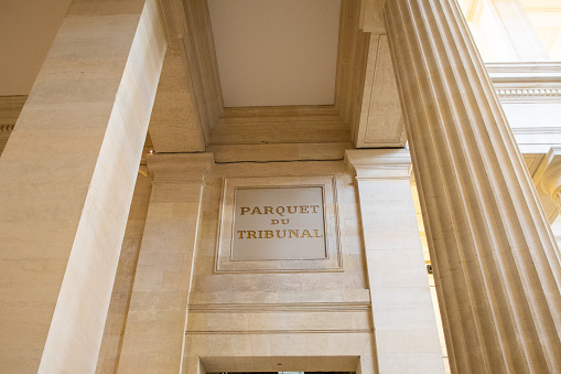 parquet du tribunal text on entrance ancient wall facade building means in french courthouse justice court floor
