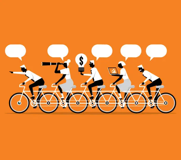 Vector illustration of Teamwork - five business people cycling