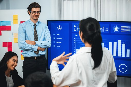 Businessman deliver business presentation with financial report data analysis or market trend show on big TV screen for strategic planing in meeting room for company future direction. Habiliment
