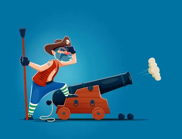 Vector illustration of Cartoon pirate gunner, corsair sailor with cannon