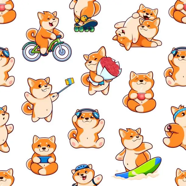 Vector illustration of Cartoon Shiba Inu dog characters seamless pattern