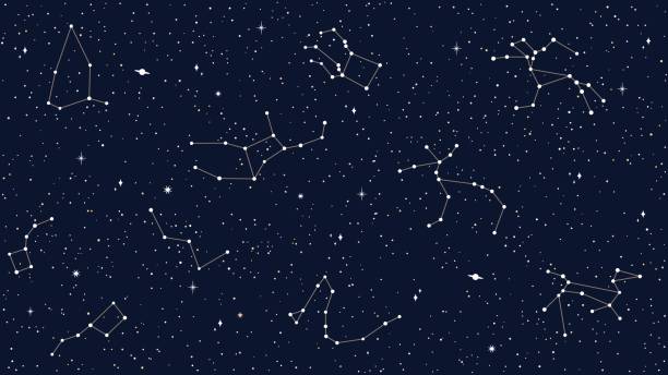 Space sky celestial seamless pattern of stars map Space sky celestial seamless pattern with vector map of star constellations, sparks and planets. Dark night sky background with silhouettes of cassiopeia, andromeda, delphinus, pegasus constellations astrology stock illustrations