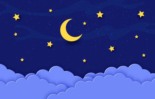 istock Night sky with paper cut moon and stars in clouds 2085551308