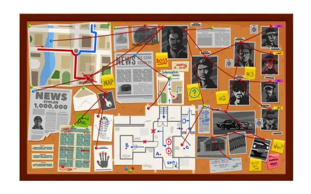 Vector illustration of Detective board, investigate wall with map, photo