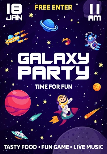Galaxy party flyer with cartoon astronaut riding rocket, ufo, alien, stars and space planets. Vector invitation poster with funny cosmonaut in the universe landscape. Invite to show, festival event
