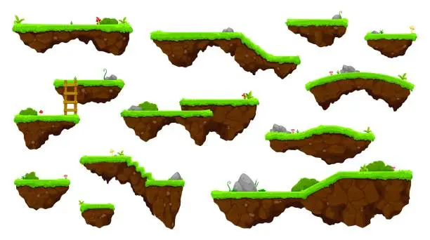 Vector illustration of Cartoon isolated ground and grass game platforms