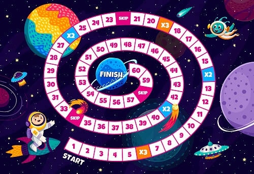 Board step game with galaxy space planets, kid astronaut on rocket, ufo and alien. Vector riddle for players advancing through celestial realms and cosmic challenges, stellar journey of skill and fun