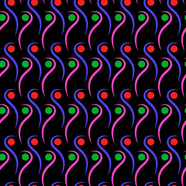 Vector illustration of Colorful curved lines and circles on black background seamless vector pattern