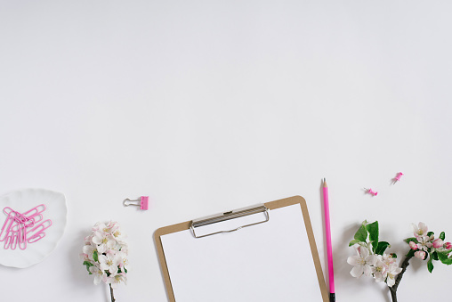 Blogger's workplace: a tablet with a clip and a sheet of white paper, a pencil and apple flowers on a white background with copy space. Flat lay