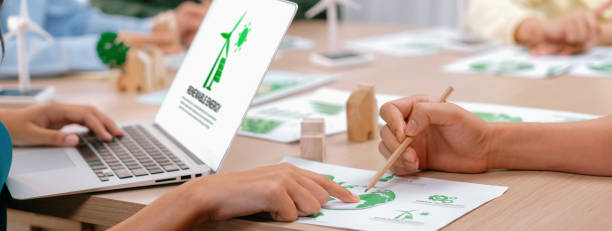 istock Renewable energy logo displayed on laptop. Eco conservative concept. Delineation 2085568154