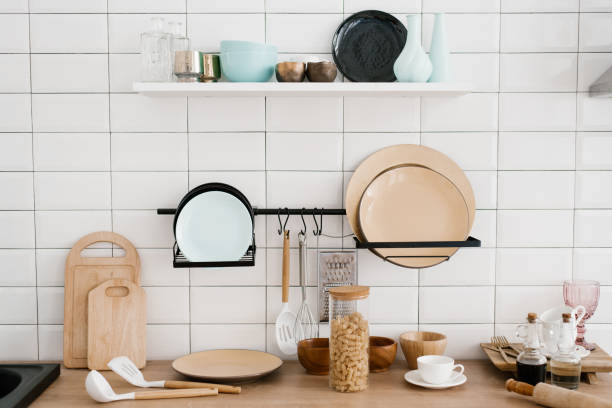 istock Kitchen utensils and utensils in the bright white wooden kitchen 2085578712