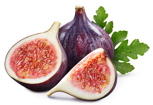 Fig berry with leaves isolated on white background. Fig with clipping path. Fig macro studio photo
