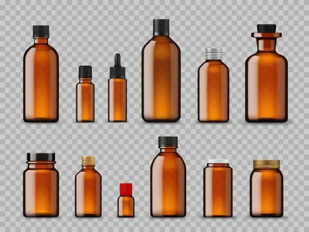 Vector illustration of Amber bottles, cosmetic oil, pharmaceutical mockup