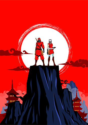 An anime style vector illustration of a ninja couple standing on a tall rock with ancient Japan temples in the background. Easy to grab and edit. Spaces available for your copy.