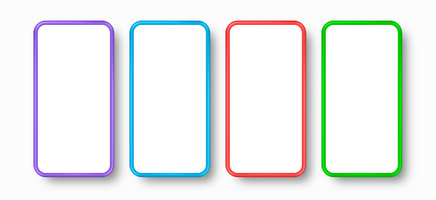 Set mobile phone with violet, blue, red and green screen realistic 3d design. Vector illustration.