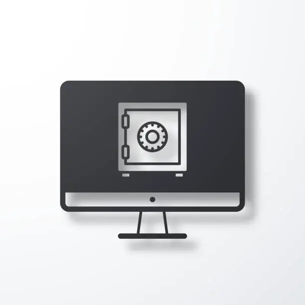 Vector illustration of Desktop computer with safe box. Icon with shadow on white background