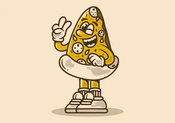 Vector illustration of Mascot character illustration of a pizza with hand forming peace symbol