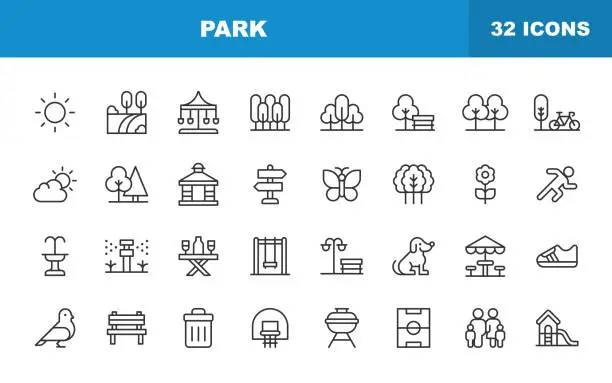 Vector illustration of Park Line Icons. Editable Stroke. Contains such icons as Fitness, Healthy Lifestyle, Landscape, Nature, Plant, Playground, Sport, Spring, Outdoors, Forest, Walking.