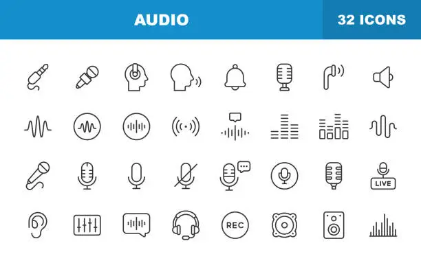 Vector illustration of Audio Line Icons. Editable Stroke. Contains such icons as Sound, Volume, Music, Sound Wave, Stereo, Mixer, Speaker, Earphones, Radio, Microphone, Headphones, Speaking.