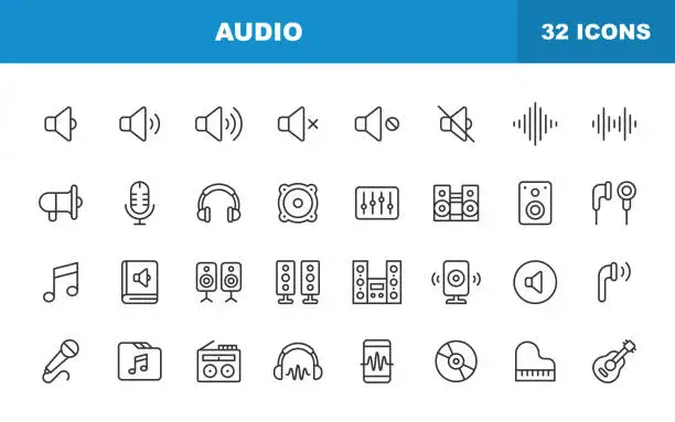 Vector illustration of Audio Line Icons. Editable Stroke. Contains such icons as Sound, Volume, Music, Sound Wave, Stereo, Mixer, Speaker, Earphones, Radio, Microphone, Headphones, Speaking.