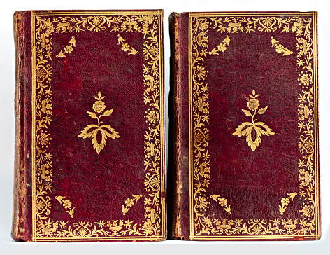 Turin, Piedmont, Italy - July 10, 2012: Old leather-bound books with gilded covers.
