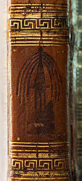 Turin, Piedmont, Italy - July 10, 2012: Old leather-bound book (detail of the gilded spine).