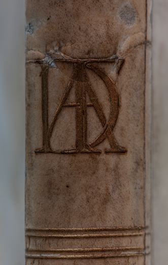 Turin, Piedmont, Italy - July 10, 2012: Old parchment-bound book (detail of the gilded spine).