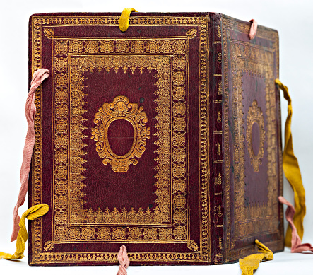 Turin, Piedmont, Italy - July 10, 2012: Old leather-bound book (with covers and spine gilded).