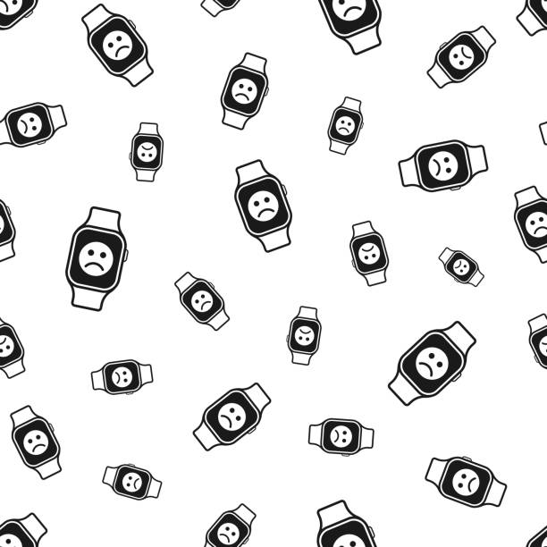 Smartwatch with sad emoji. Seamless pattern. Icons on white background Seamless pattern with a icon of "Smartwatch with sad emoji". Black icon isolated on a blank background. Vector Illustration (EPS file, well layered and grouped). Easy to edit, manipulate, resize or colorize. Vector and Jpeg file of different sizes. background of the sad face black and white stock illustrations