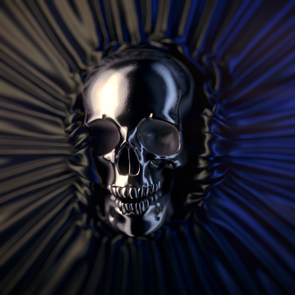 Abstract fantasy digital illustration of a human metal skull protruding from folds of dark shiny fabric. 3d rendering