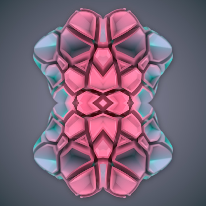 3d rendering digital illustration of a psychedelic three-dimensional symmetrical neon pattern. Abstract creative design background