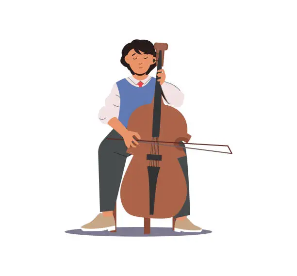 Vector illustration of Illustration of sad boy of male character contrabass player. Artist young man musician playing double bass.