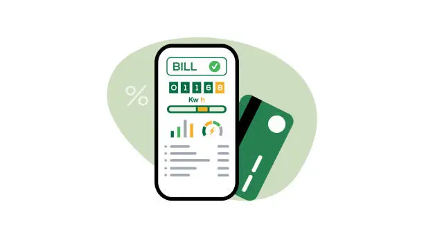 Vector illustration of Electricity consumption. Electricity bill and payment, mobile app. Save energy. Online invoices and approved payment. Editable vector illustration