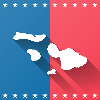 Map of Maui County - Hawaii, on a blue and red colored background. The blue color represents the Democratic Party and the red color represents the Republican Party. White stars are placed above and below the map. Vector Illustration (EPS file, well layered and grouped). Easy to edit, manipulate, resize or colorize. Vector and Jpeg file of different sizes.