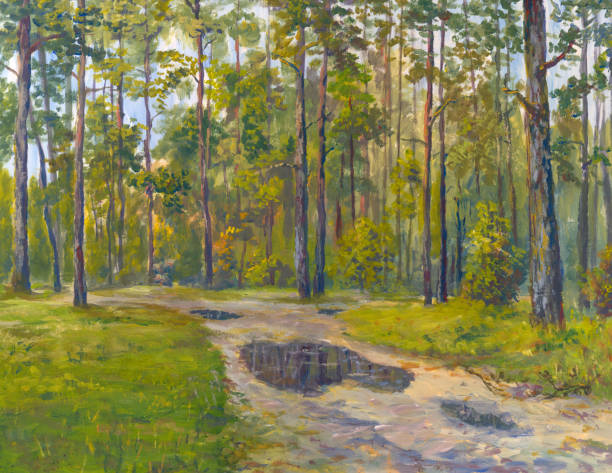 istock Pine forest after the rain, painting in the style of impressionism 2085673308