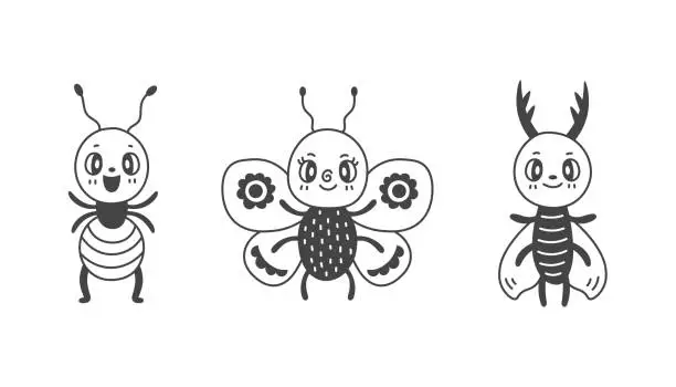 Vector illustration of Retro insect characters doodle set ant butterfly stag beetle