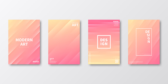 Set of four vertical brochure templates with modern and trendy backgrounds, isolated on blank background. Abstract illustrations with diagonal folds and beautiful color gradient (colors used: Yellow, Beige, Orange, pink, Red). Can be used for different designs, such as brochure, cover design, magazine, business annual report, flyer, leaflet, presentations... Template for your own design, with space for your text. The layers are named to facilitate your customization. Vector Illustration (EPS file, well layered and grouped). Easy to edit, manipulate, resize or colorize. Vector and Jpeg file of different sizes.