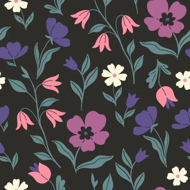 Vector illustration of Seamless pattern with blue, purple, pink and white flowers on a black background. Vector graphics.