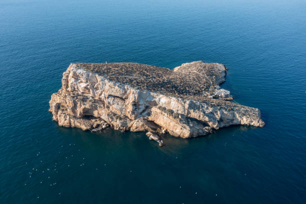 luftaufnahme der stadt benidorm in spanien, die den felsen mitten im ozean zeigt, der als isla de benidorm oder mirador de l'illa de benidorm an einem klaren, sonnigen sommertag bekannt ist - l isla stock-fotos und bilder