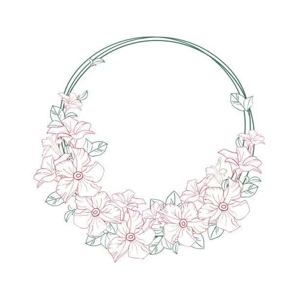 Vector illustration of Jasmine circle wreath with line art flower and leaves. Floral frame for card or illustration. Vector background