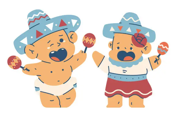 Vector illustration of Cute baby girl and boy in mexican costume vector cartoon characters illustration isolated on a white background.