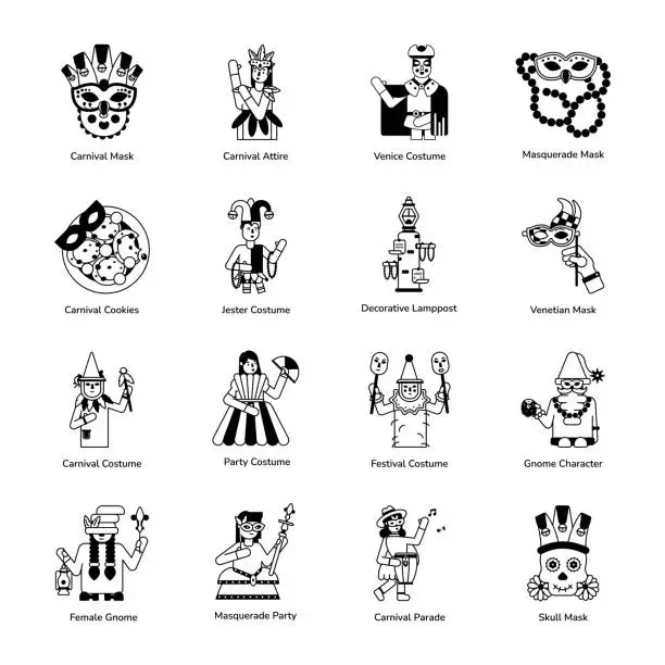 Vector illustration of Set of 16 Mardi Gras Glyph Icons