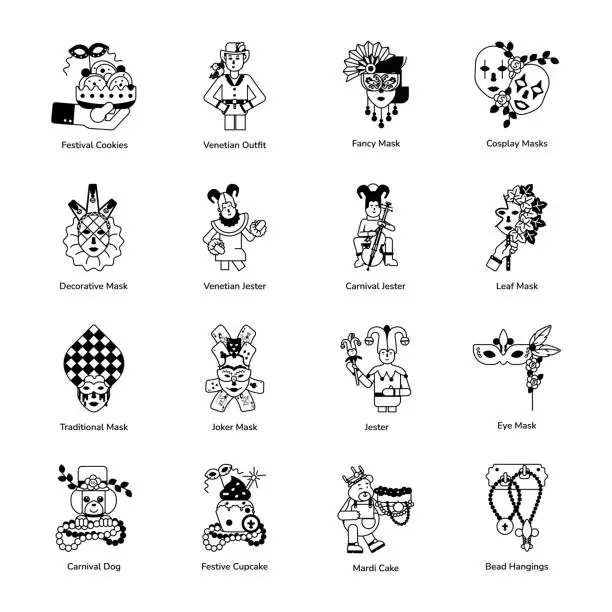 Vector illustration of Collection of Shrove Tuesday Glyph Icons