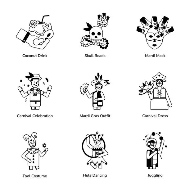 Vector illustration of Bundle of Mardi Gras Costumes Glyph Icons