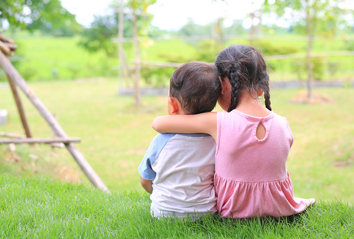 Older sister hugs little brother by the neck, shoulders sitting on green grass field. Two adorable Asian children sitting and hugging the neck rear view.