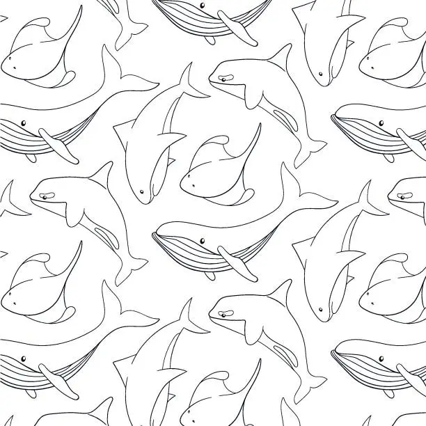 Vector illustration of Undersea and ocean animals seamless pattern in line art style. Cute shark, blue whale, stingray and killer whale. Wild life marine creatures. Vector illustration on a white background.