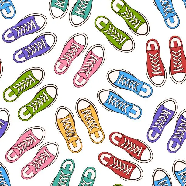 Vector illustration of Cartoon style shoes sneakers seamless pattern. Hand drawn design with male and female footwear. Vector illustration on a white background.
